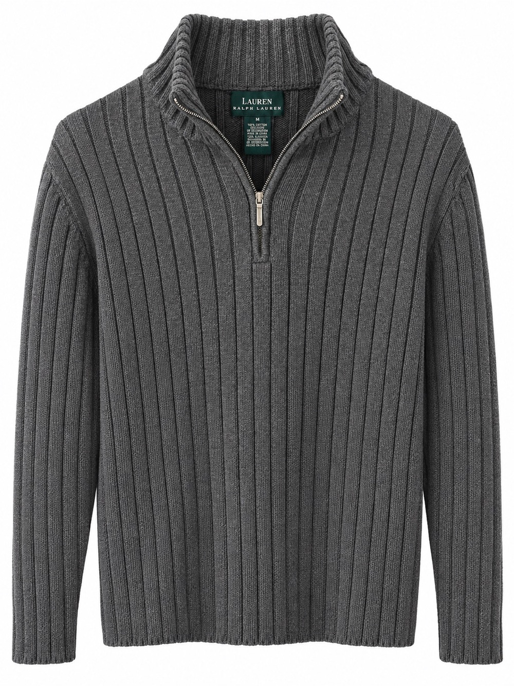 Lauren Ralph Lauren Men’s M Charcoal Ribbed Cotton Quarter Zip Sweater